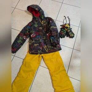 Youth Burton Snowboarding Set Multicolor GraffitiJacket, Yellow Pants & Gloves